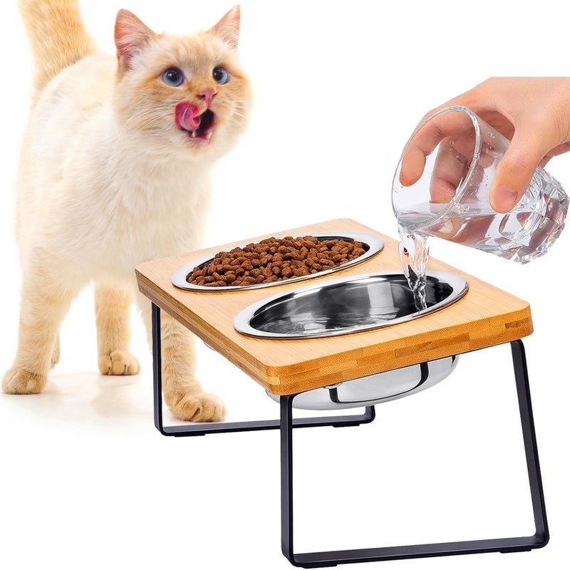FUNACAY Elevated Cat Bowls, Raised Cat Bowl with 32 oz Stainless Steel Food Bowls Non-Slip Feeder for Cats and Puppy, 15° Tilted Raised Pet Dishes, Indoor Food Bowl with Bamboo Stand Anti Vomiting - Image 1